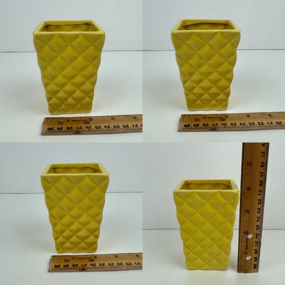 Small Vtg Yellow Rectangle Square Ceramic Planter Pot Diamond Shape Textured - Picture 5 of 10